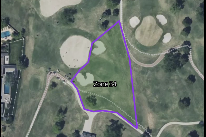 Property mapping interface showing Zone 34 drawn on satellite imagery with tools for drawing, editing, and reviewing changes
